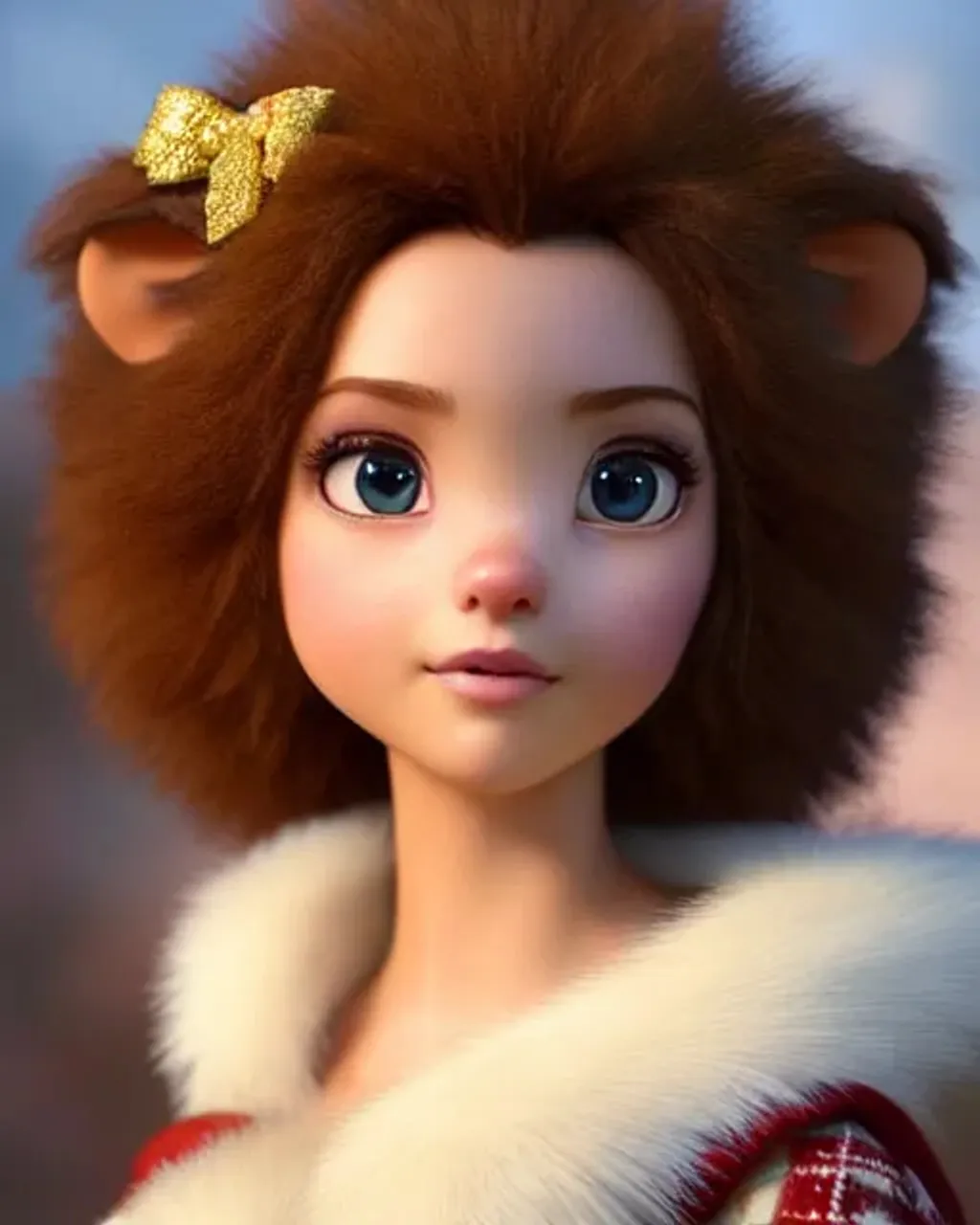 Prompt: Disney pixar, exquisite new character, cute Lion girls, highly detailed, fluffy, intricate details, beautiful big eyes, maximum cuteness, lovely, adorable, beautiful, flawless, extra fluffy, masterpiece, soft dramatic moody lighting, ultra high quality octane render, magic wood background, Christmas aura, hypermaximalist, trending on artstation, Anna Dittmann, Tom Blackwell