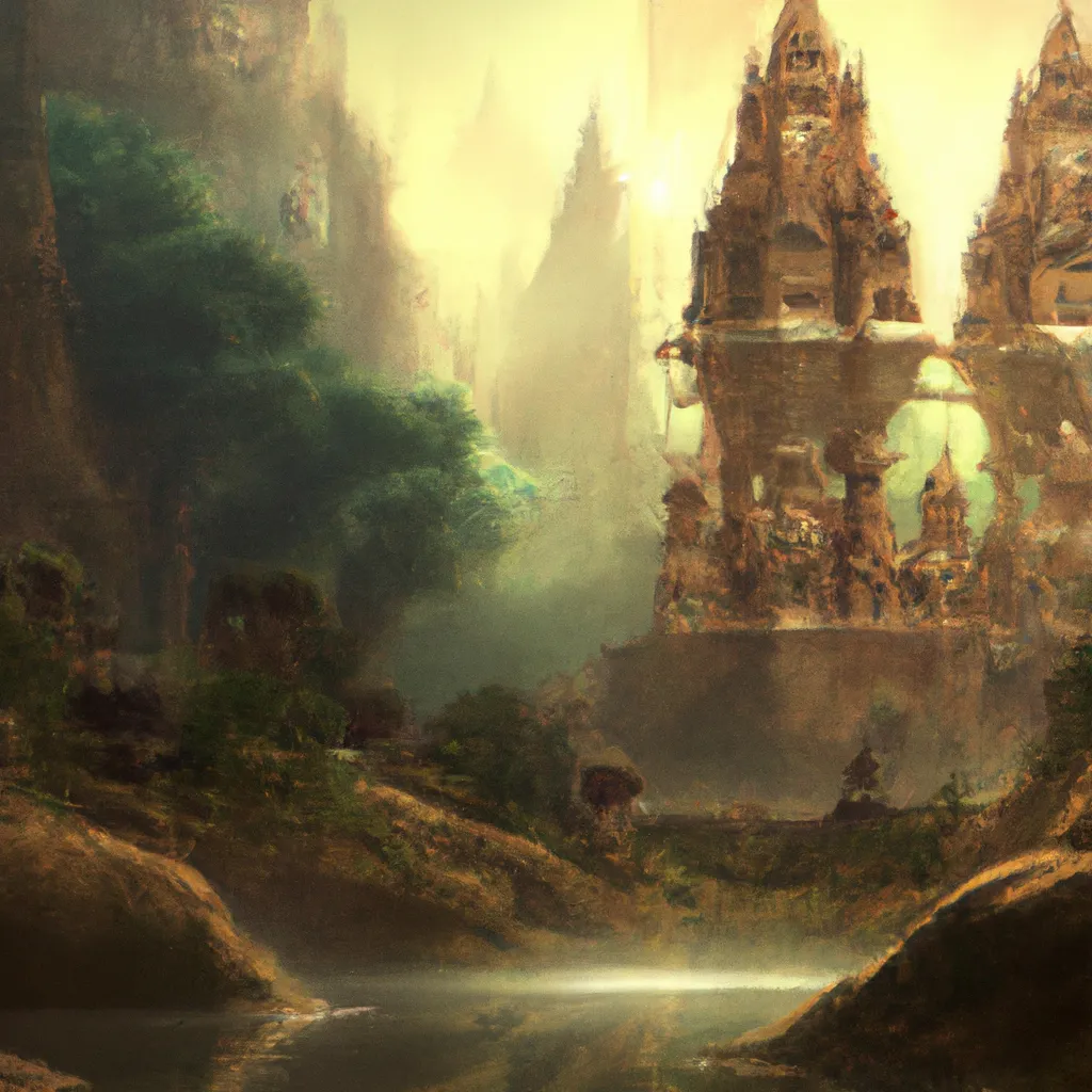 Prompt: An imposing highly ornamented ancient Indian temple on a  Subtropical river valley on an exoplanet. Clear smooth brush strokes. Sharp focus. Color wash by pixar and dreamworks, centered, scifi, backlighting, chiaroscuro, intricate details.