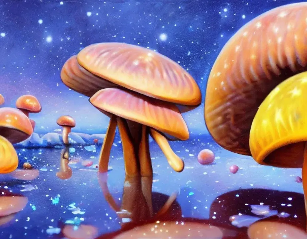 Prompt: Oil painting of a cosy vintage tiny cute fungi, cluster, birthday party, parents, child, under the stars on an icy planet, family, octane render by weta digital, exotic colorful pastel, ray traced lighting and reflections by Yoji shinkawa
  
  