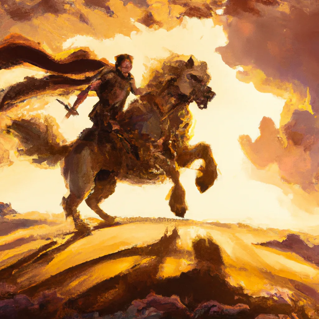 Prompt: a renaissance painting of a victorious halfling warrior in a battlefiled riding on a war dog engulfed in sunset light in frank Frazetta style