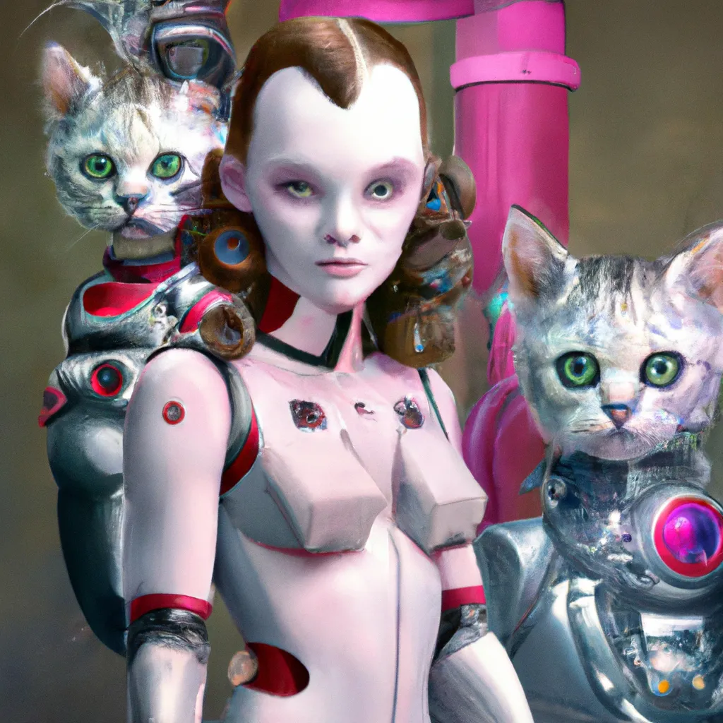 Prompt: A robot is serving Dali and Escher and Klarwein posing as cute furry kittens  | centered  | by Artgerm Artstation 