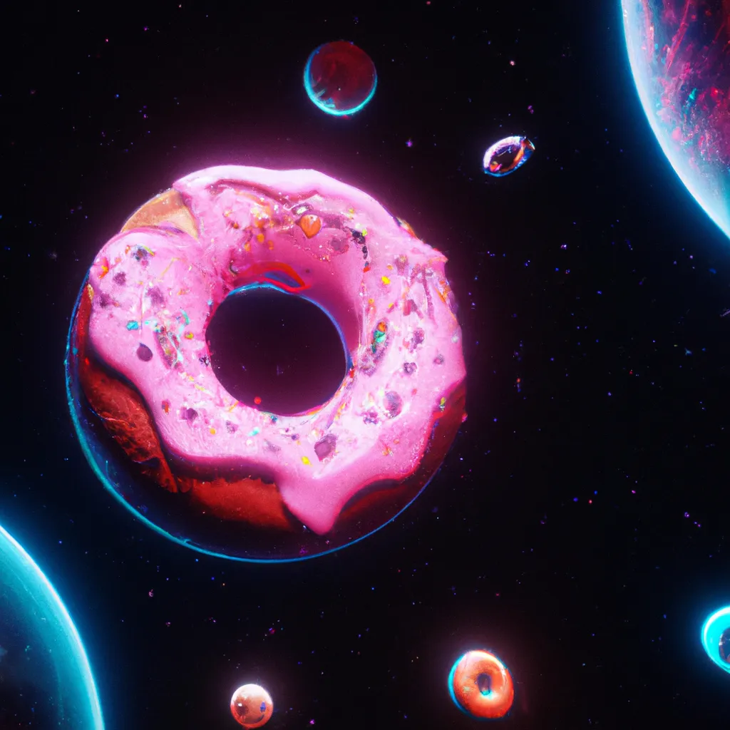 Prompt: Donut planets, space, galaxy, cute 4d rendered, bioluminescent, sharp focus, cinematic, extremely detailed, studio quality, trending in artstation, smooth