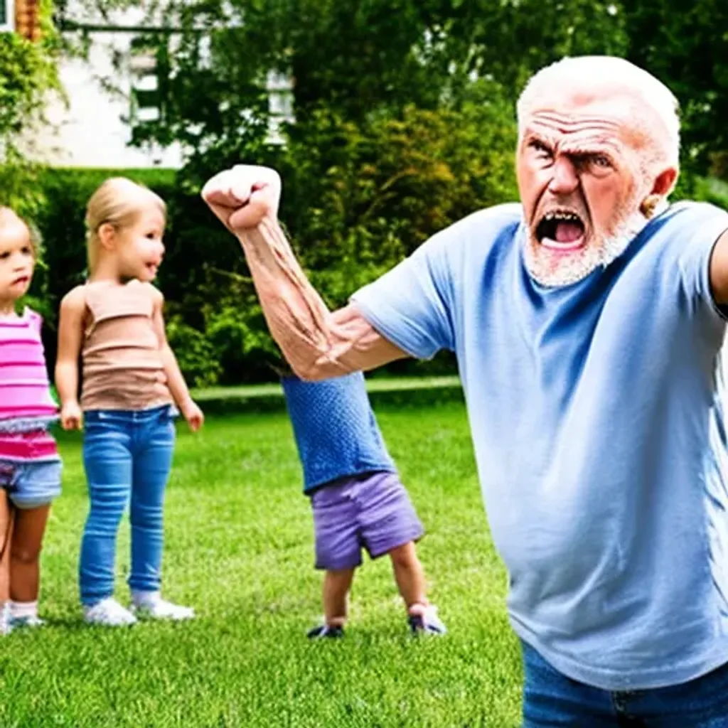 Prompt: An angry old man, raising his fist at 3 children playing in his yard without his permission.