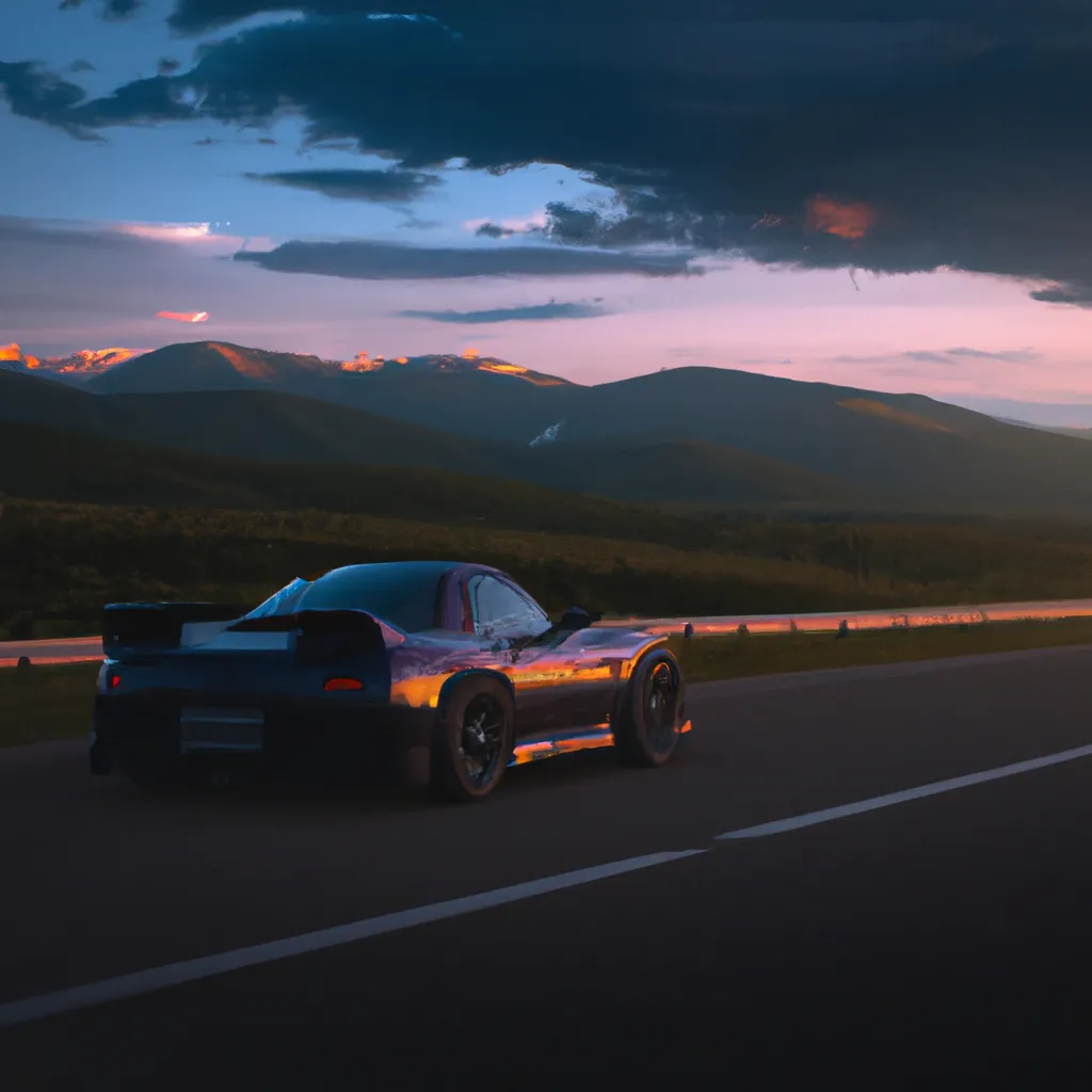 Prompt: a modified RX7 driving on the road. beautiful mountain range, early in the morning, cinematic, cirrus clouds, landscape photography. early purple sky. real photo