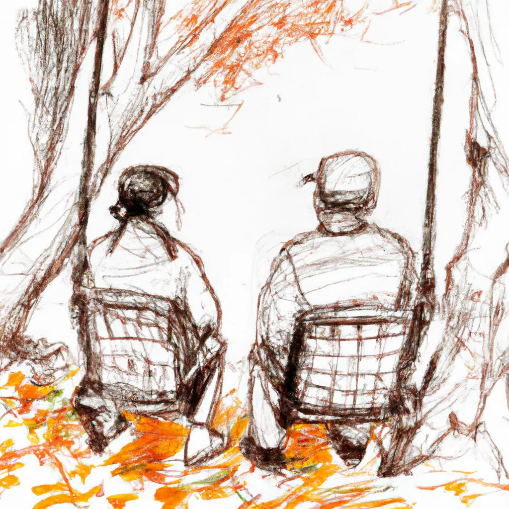 Prompt: Old Chinese couple sitting on the swing chair in autumn sketch