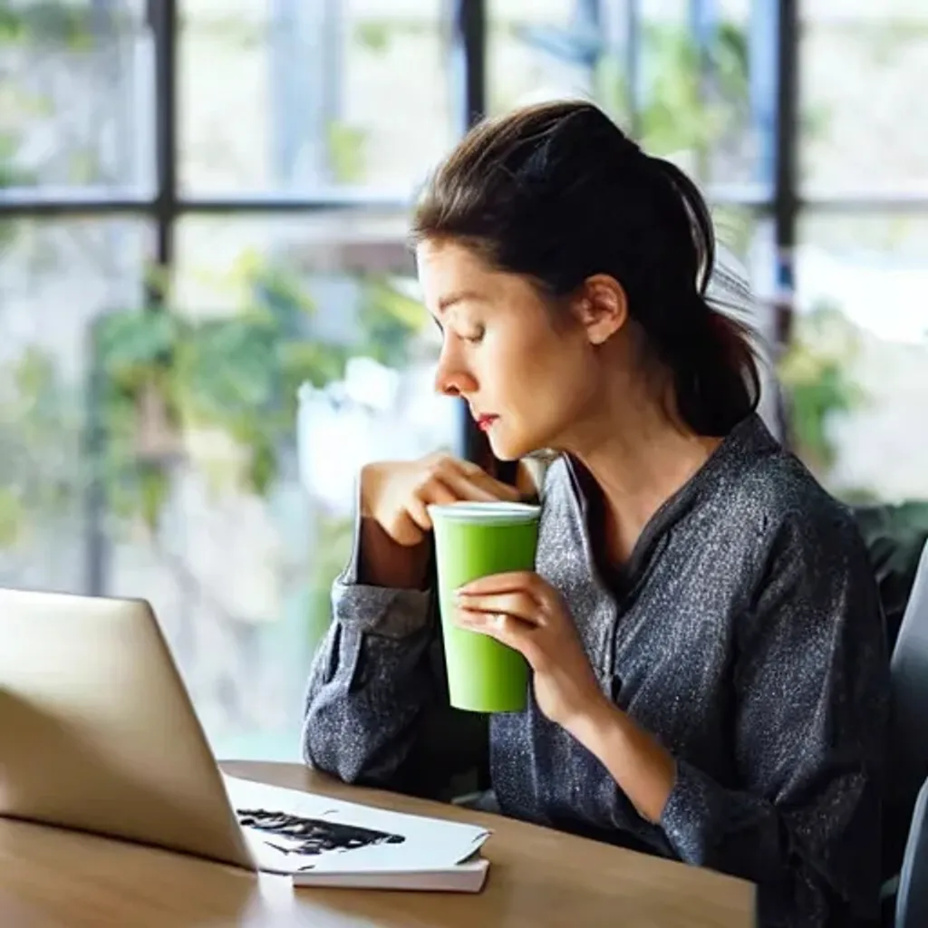 Prompt: A sleepy woman at the office struggling to stay awake doing work in front of the laptop a cup of matcha tea beside her on the table