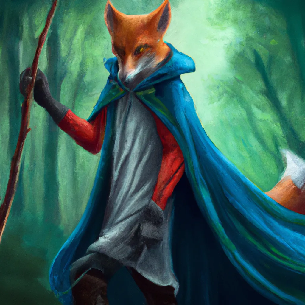 Prompt: Photorealistic fox wearing a green mantel and a red dress, long blue mantel with a wooden luminous  stick in his hand, he has a determinate face, magic forest in the background, intricate, fantasy, elegant, highly detailed, digital painting, artstation, concept art, smooth, sharp focus, illustration