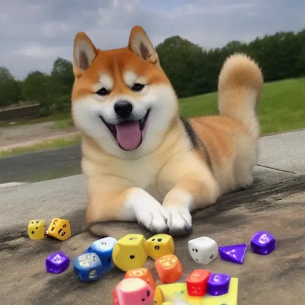 Prompt: shiba inu at a table rolling dice