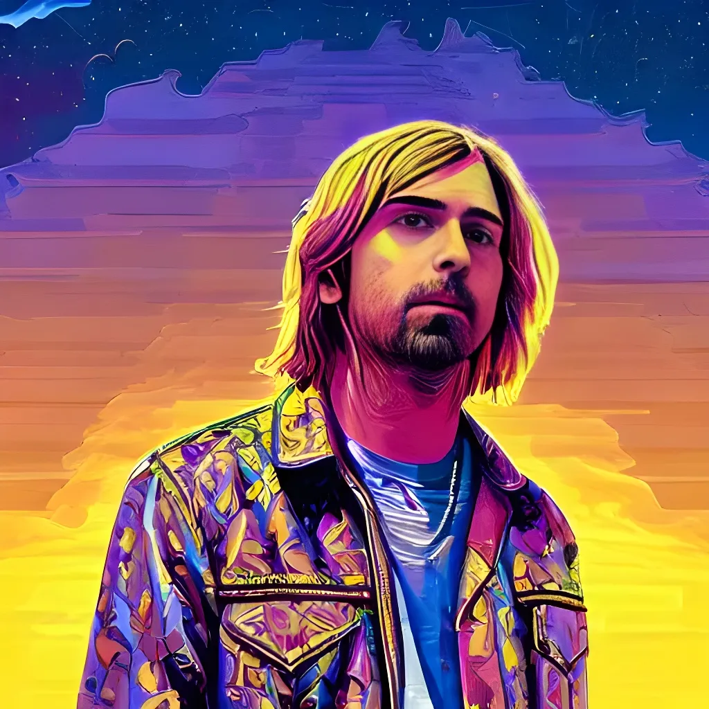 Prompt: modern kurt cobain ostentatious golden rapper with golden chains, centered, symmetry, painted, intricate, volumetric lighting, beautiful, rich deep colors masterpiece, sharp focus, ultra detailed, in the style of dan mumford and marc simonetti, astrophotography