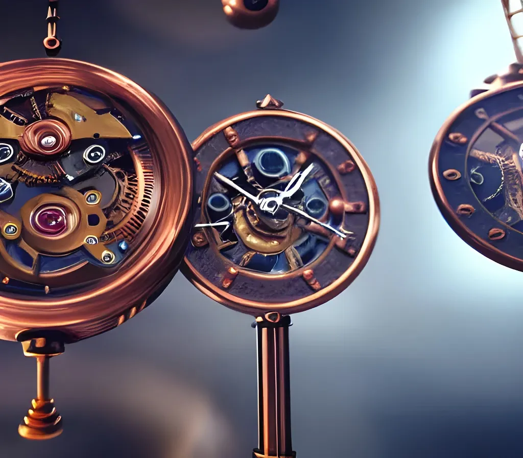 Prompt: multiple steampunk timepieces moving around a copper and stainless plate suspended in outerspace, splash art, uhd, hd octane render, movement, rapid