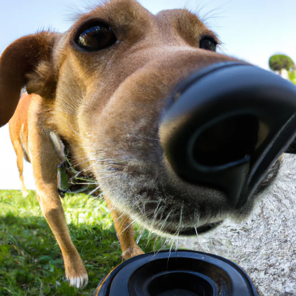 Prompt: Dog sniffing a camera, fisheye lens, realistic