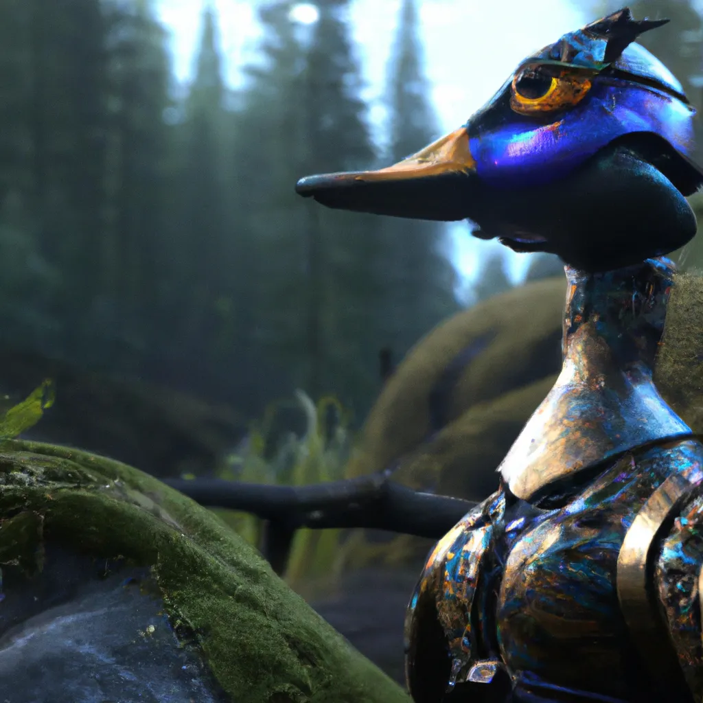 Prompt: Hyperrealistic Portrait of Anthropomorphic Cyber Soldier duck wearing cosmic power armour staning on a rock at a forest, in the style of Warframe and Destiny 2, unreal engine 5, ray tracing x, extremely detailed, cinematic, trending in artstation, HD, HQ, sharp focus, blender, cinema 4d, 