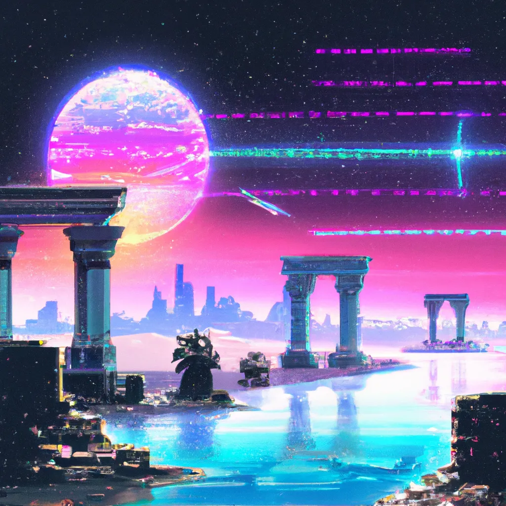 Prompt: Ancient city ruins, outrun, retrowave, synthwave, vaporwave, digital art