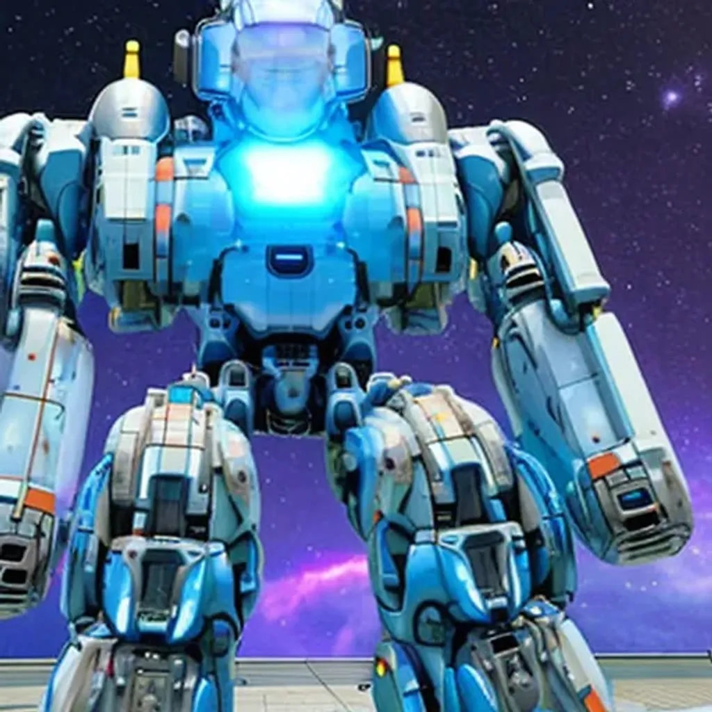 a giant mech that is galaxy-colored standing in a bi...