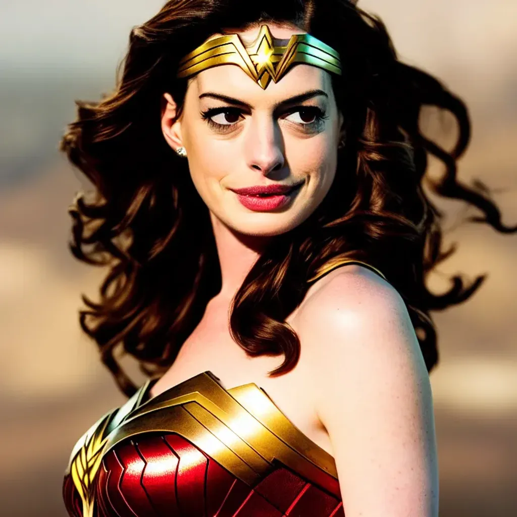 Prompt: Anne Hathaway in the role of Wonder Woman, cinematic photo shot on Sony RX MK III, beautiful face, warm colours, perfect face