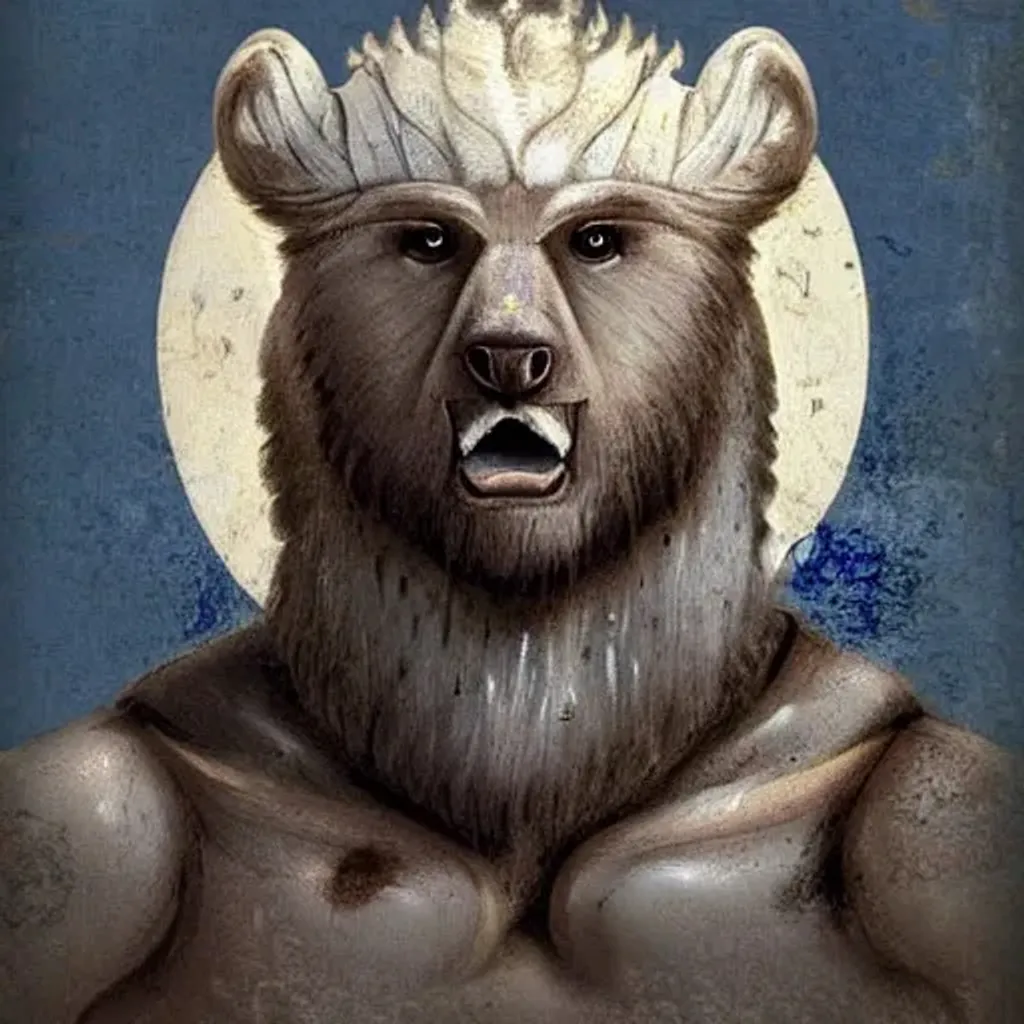 Prompt: ancient fresco, portrait of a fantasy beastman, bear-like face, white  hair tied in a bun, blue eyes, leather armor.