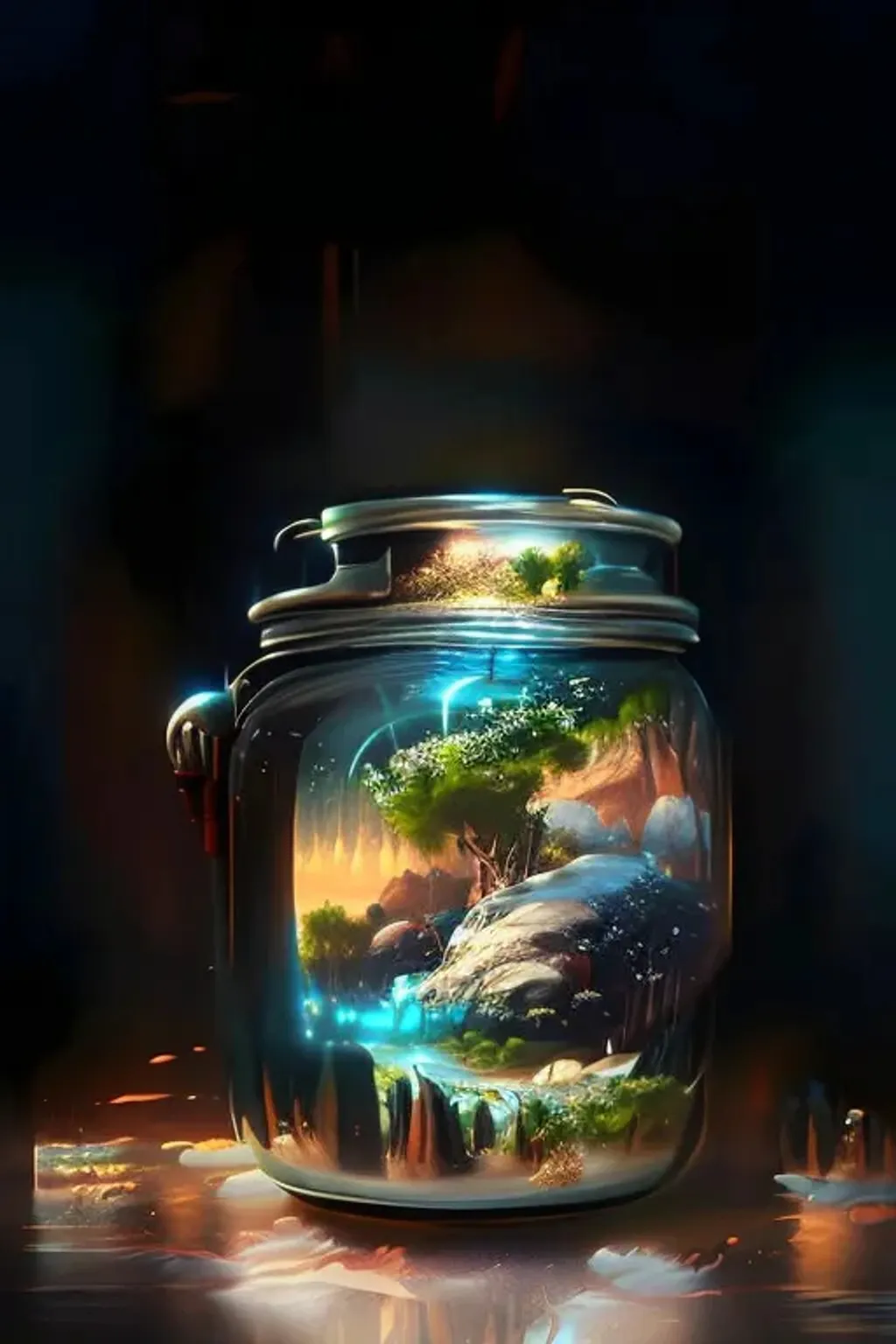 Prompt: magical landscape inside of a jar, by Alexander Fedosav, landscape inside of a jar, Hyper detailed digital matte painting, concept art, hyperrealism, 16k resolution, Cinema 4D, 8k resolution, maximalist trending on artstation, behance HD, a masterpiece, by Stephan Martiniere, particles, cel-shaded, film noir, bright, neon, magic, cosmic, by David A. Hardy and Julia Pott