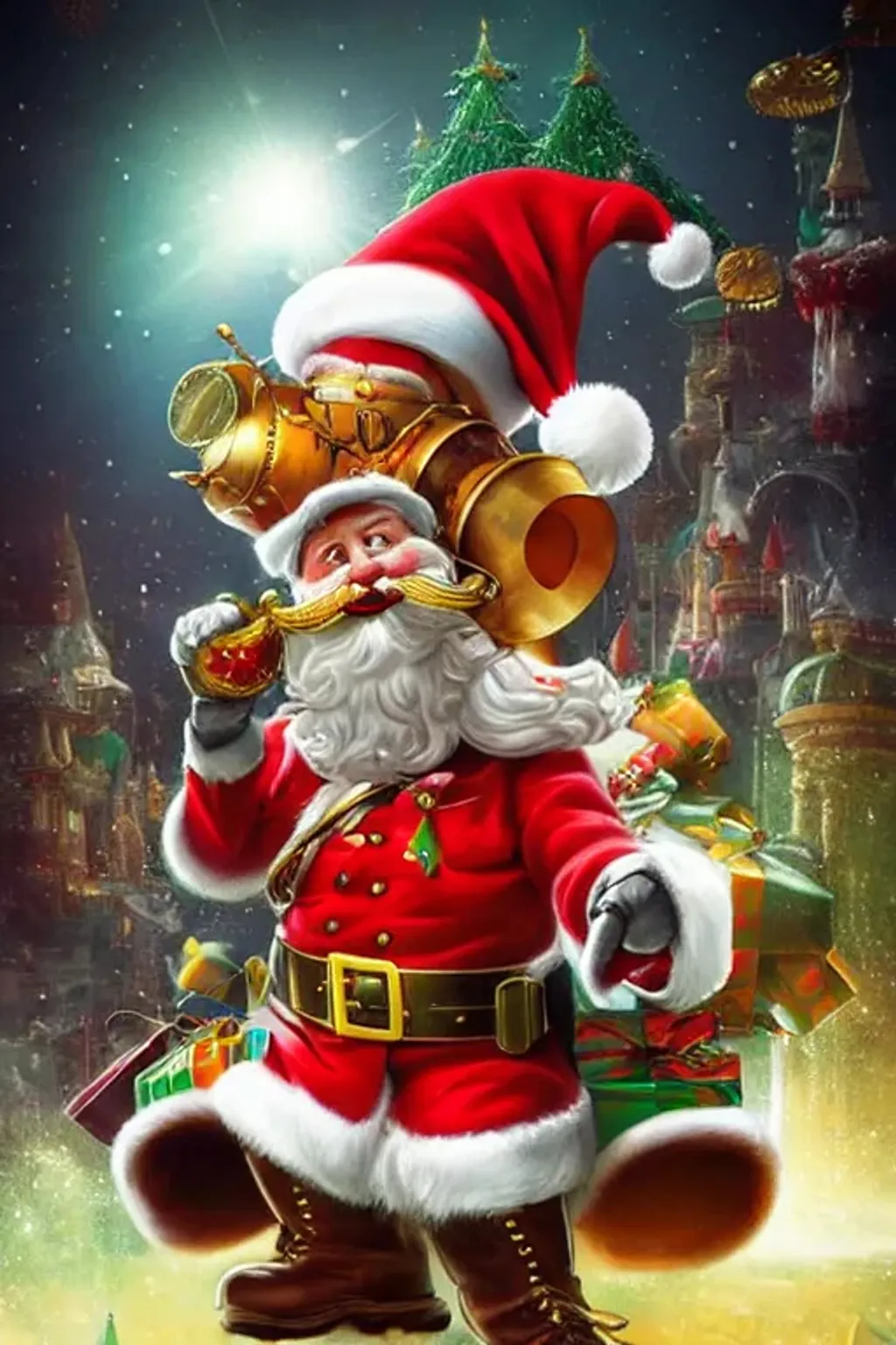 Prompt: Santa Claus caricature by Tiago Hoisel and Moebius, perfect facial features, vivid color, cinematic, steampunk