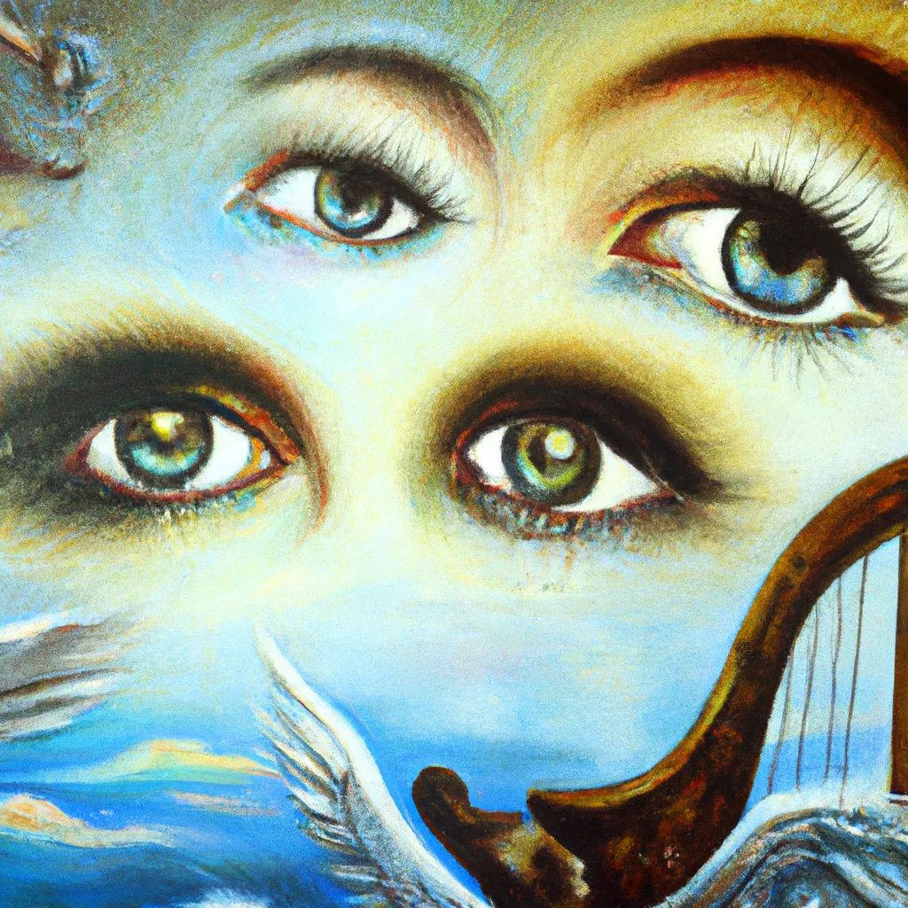 Prompt: The Angel's Beutiful Eye in Heaven, angels playing harps, a sharp, detailed, textured oil painting by Salvador Dali