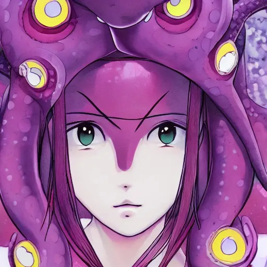 Prompt: Anime Cute elegant Japanese purple Octopus lady, portrait, peaceful, art by studio ghibli, vivid colors, highly detailed, professional, trending on artstation