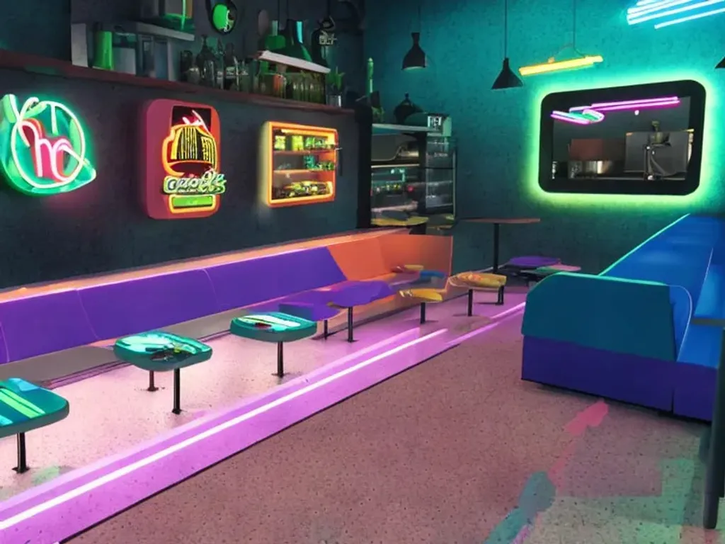 Prompt: set of a tv show inspired in a fast food restaurant,design magazine, interior design,modern, neon  HQ, 4k