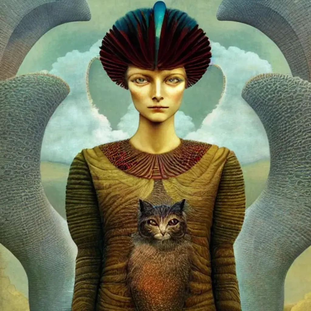 Prompt: Ozymandias Peruvian arpillera Oxana dobrovolska victo ngai henry rousseau Vladimir kush peregrine heathcoate catrin welz-stein Andrea kurti Andrea kowch 