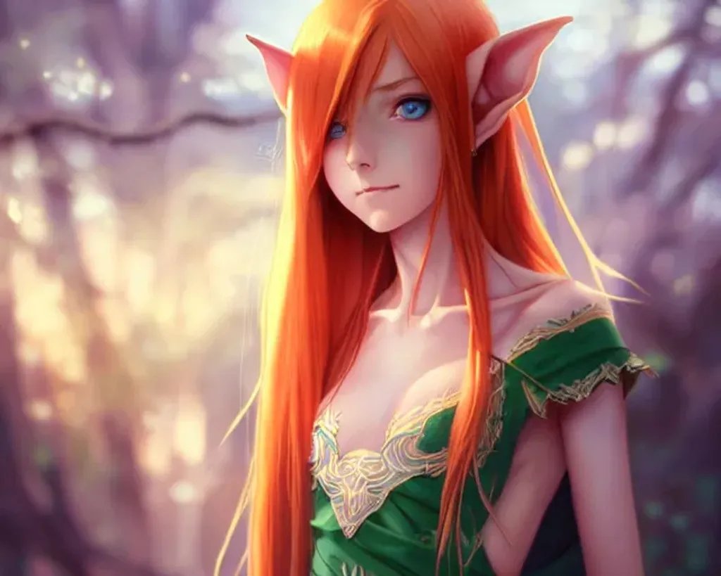 Prompt: Upper torso portrait of a Beautiful  {elf}, adult, woman, orange hair, smooth soft skin, sharp green eyes, beautiful intricate colored hair, symmetrical, anime wide eyes, soft lighting, detailed face, wearing a tunic, by makoto shinkai, stanley artgerm lau, wlop, rossdraws, concept art, digital painting, looking into camera,  forest, woodland, deer, 