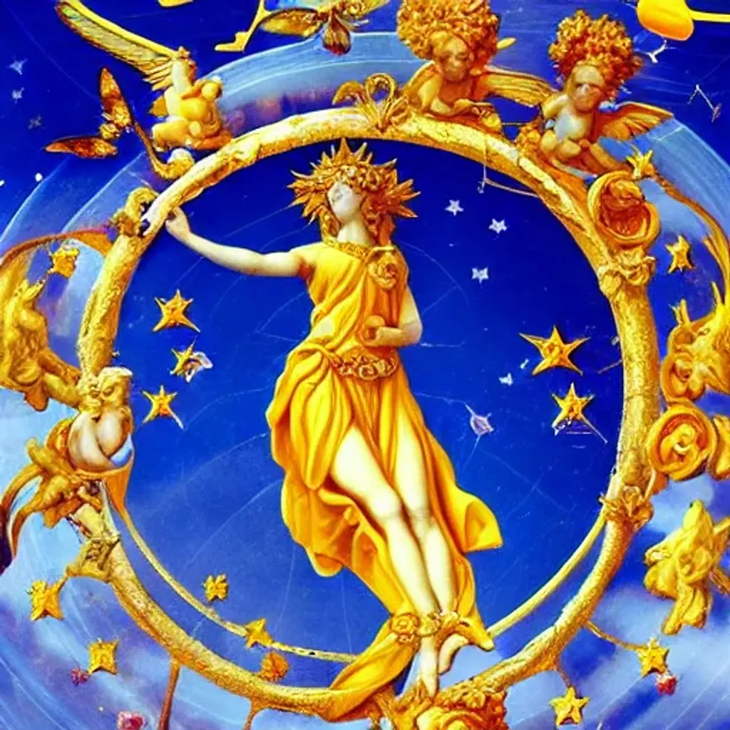 Prompt: sistina saint Woman Venus Athena beautiful gracious pagans rococo marble and gold in space stars clouds doves suns butterflies greeks