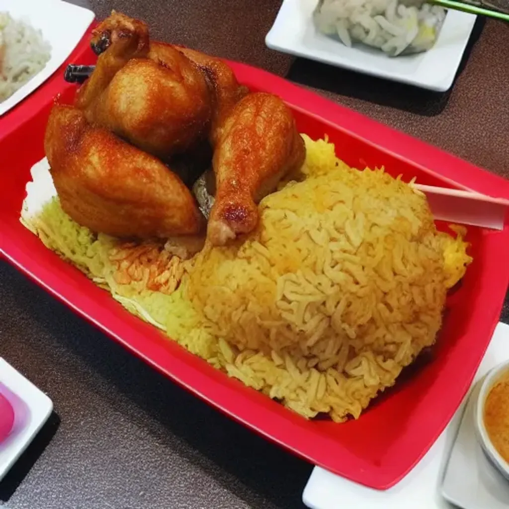 Prompt: Hyper realistic, 3d, real life, delicious, chicken rice, Asian, 