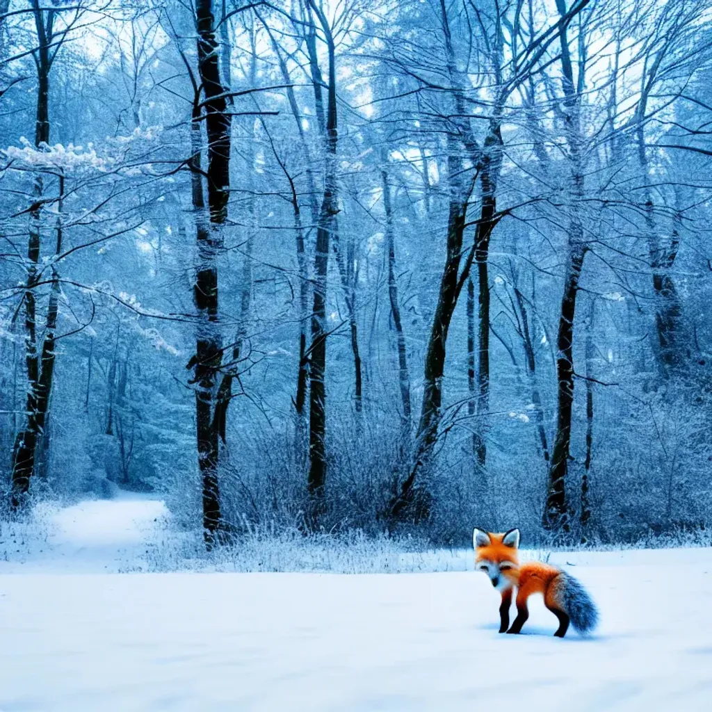 Prompt: Little fox in the middle of a a forest in winter walking on a fallen tree, snow, award winning photographic, ultra high definition, wallpaper, 8 k