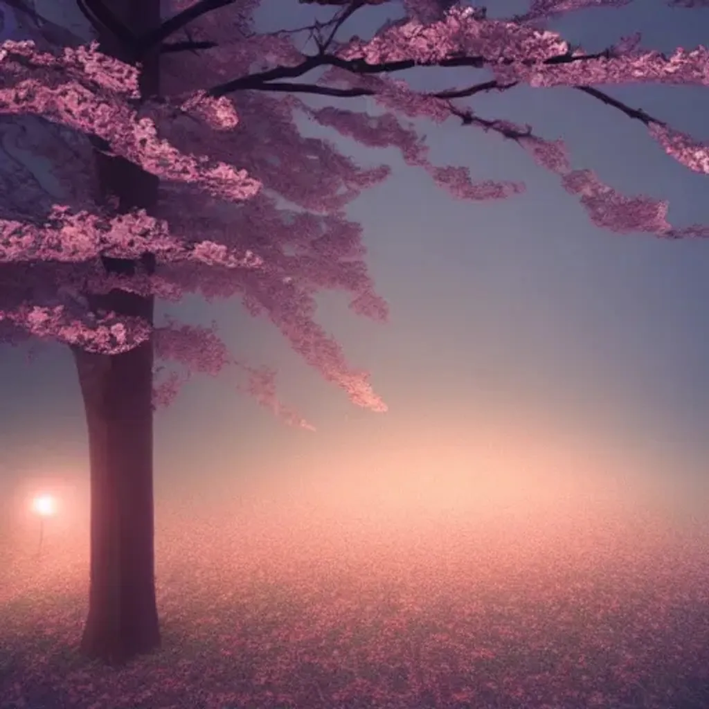 low poly cherry blossom tree in the fog at night, wi... | OpenArt