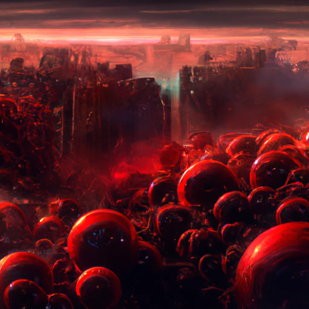 Prompt: sinister vast red cyberspace dimension, tron, half-life 2, first-person shooter, made from red spheres, red dark digital monsters, beautiful science fantasy landscape, cybernetic, surreal, artstation, highly detailed, art by yuumei, concept art, vast, operatic