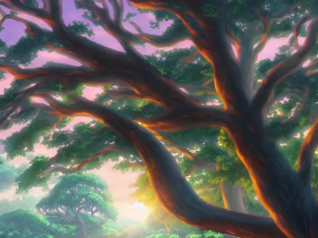 Prompt: Large tree with lush leaves in park at sunset, anime, oil painting, high resolution, cottagecore, ghibli inspired, 4k