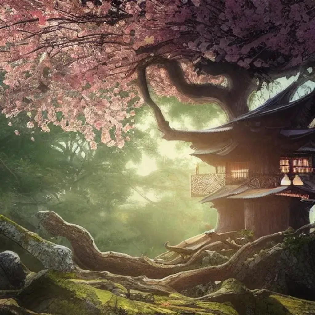 Prompt: concept art of a high-fantasy Japanese-style treehouse, in a sakura tree forest, evening sunlight, intricate detail, cinematic composition, environment.