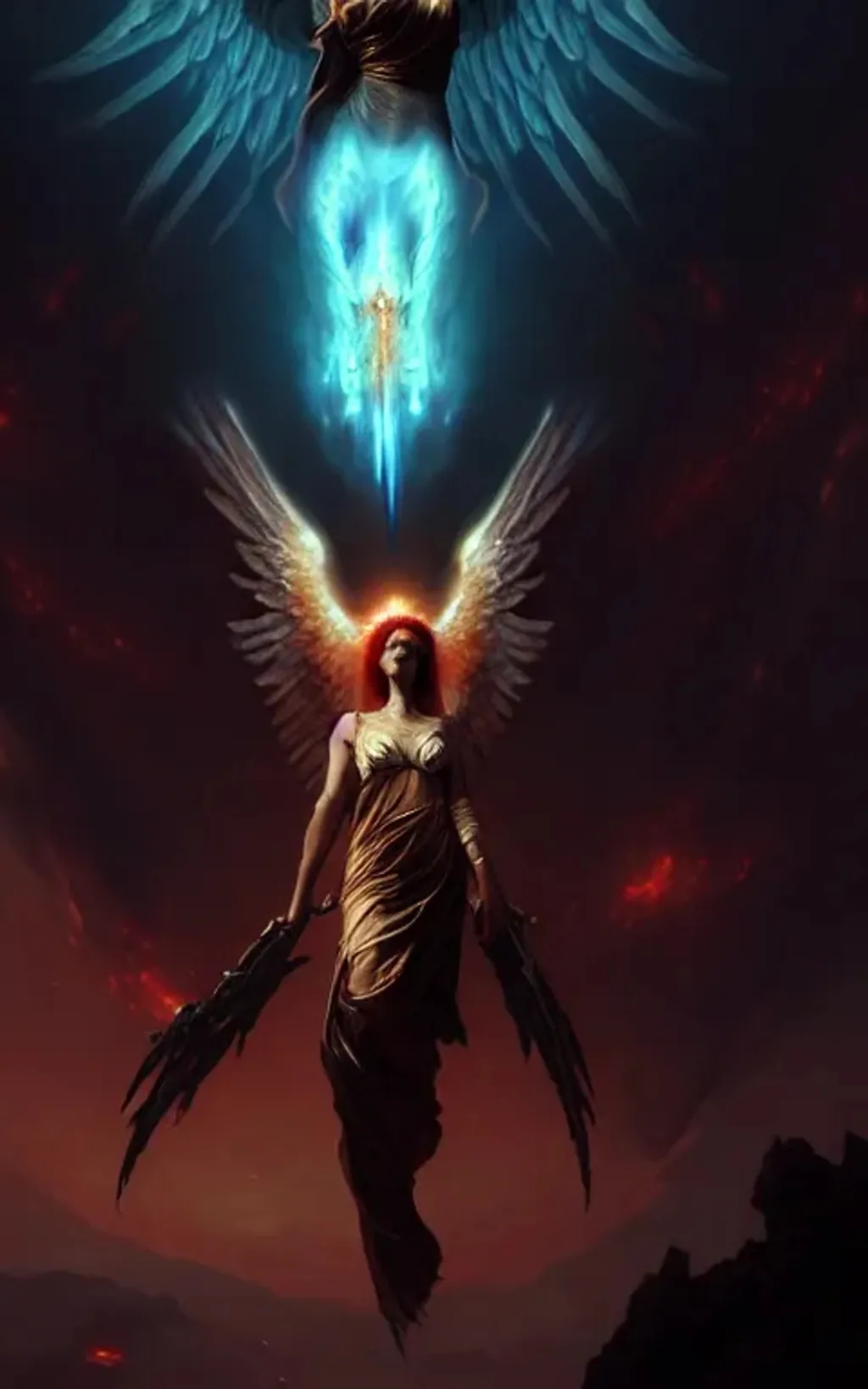Prompt: Heavenly female angel with an apocalypse with world on fire and exploding in background 8k resolution, dark fantasy concept art, by Greg Rutkowski, dynamic lighting, hyperdetailed, intricately detailed, trending on Artstation, deep color, Unreal Engine, volumetric lighting, Alphonse Mucha, Jordan Grimmer,