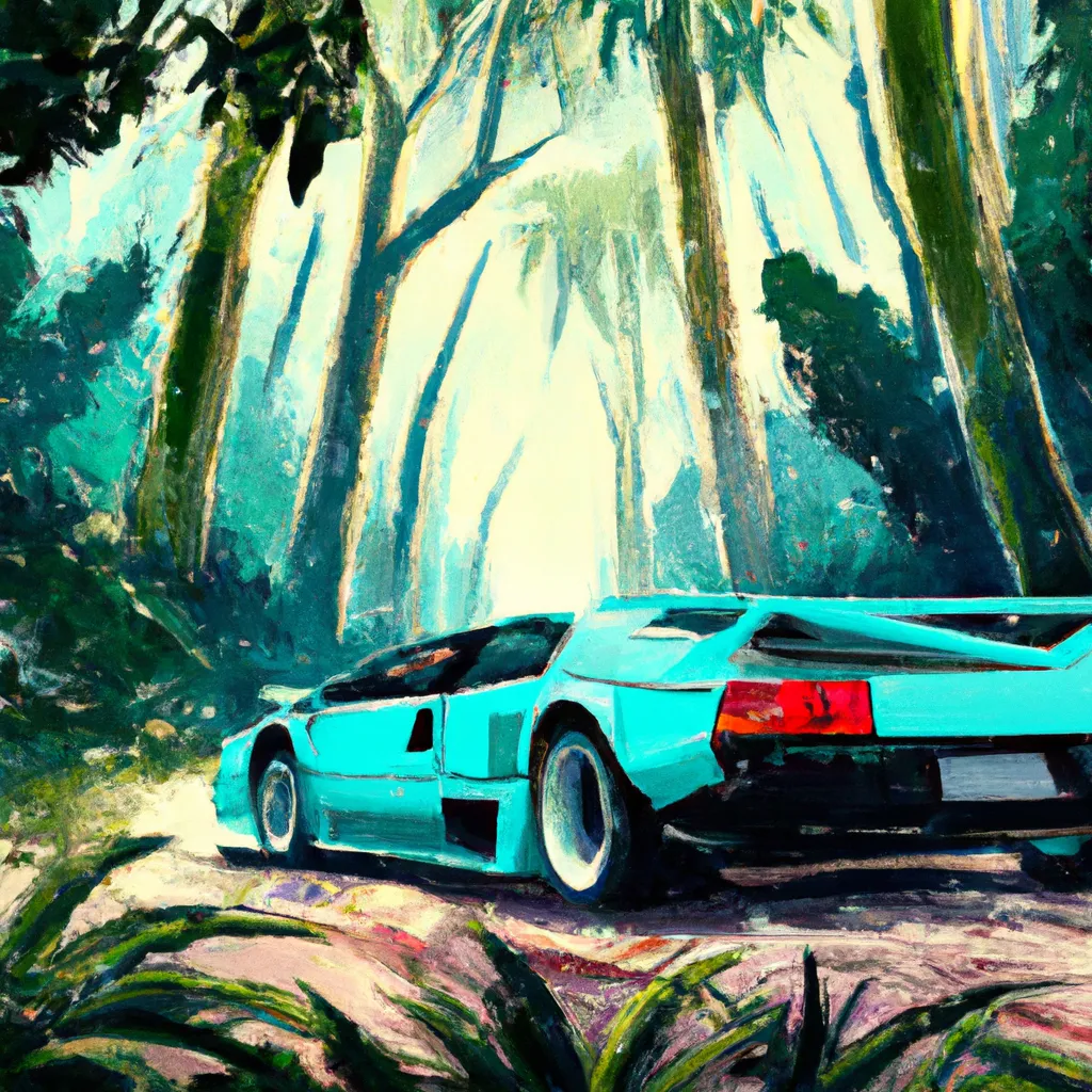 Prompt: Turquoise Lamborghini Countach LP400 in lush jungles during beautiful sunrise, digital painting