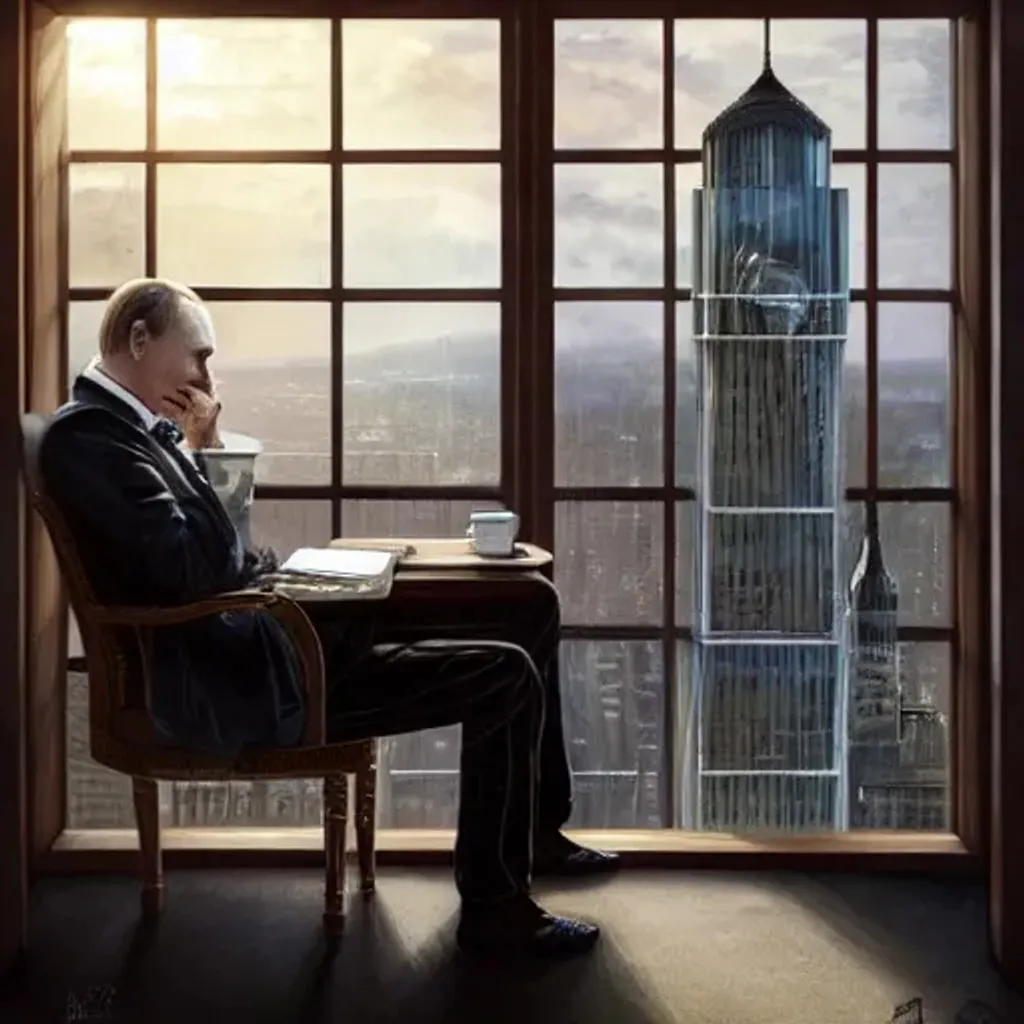 Prompt: Putin drinking a cup of tea while looking out of a big window in the top floor of a tall building, (((frontal view from outside))), hyperdetailed masterpiece by greg rutkowski, trending on artstation, centered, in frame, (((perfect composition)))