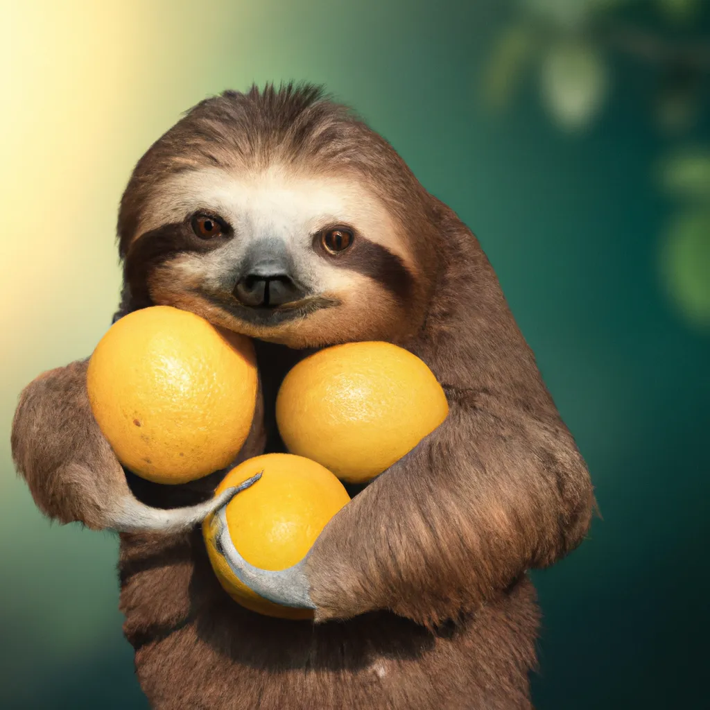 Prompt: A cute sloth holding lemons, professional photograph, high quality, highly detailed, trending