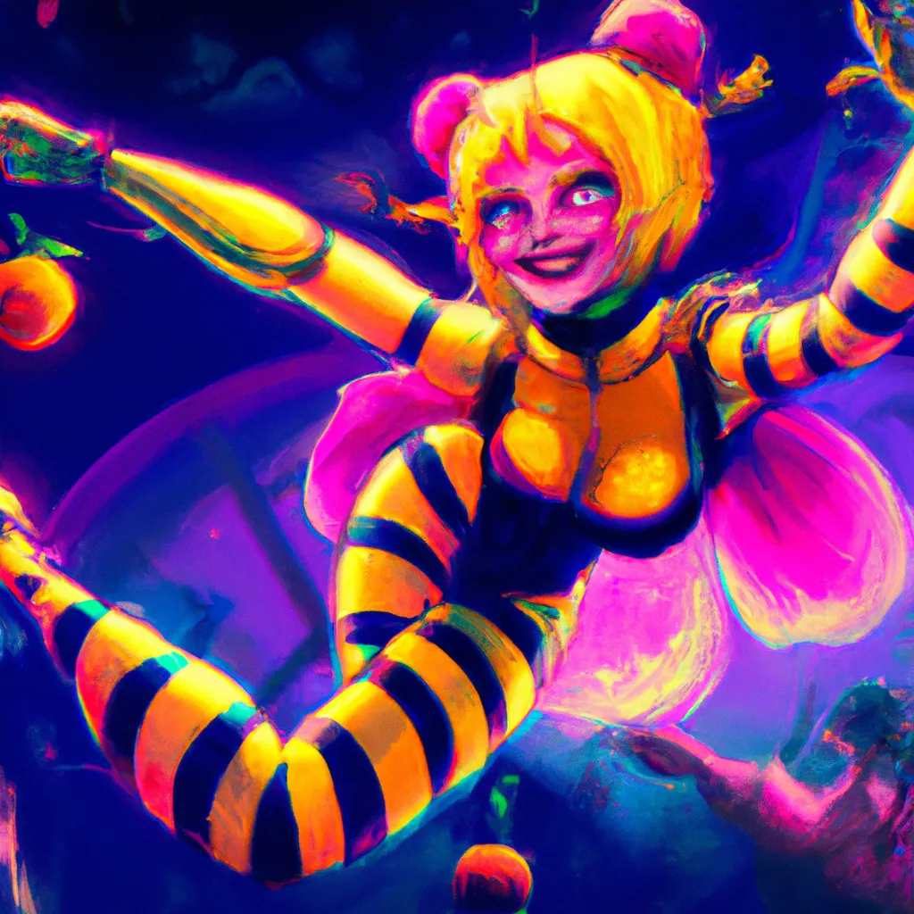 Prompt: A Harley Quinn lemon dancing to Bee Bees at a discotheque, synthwave cyberpunk, digital art, by HAYAO MIYAZAKI, Anna Dittmann, preston blair and Salvador Dali 