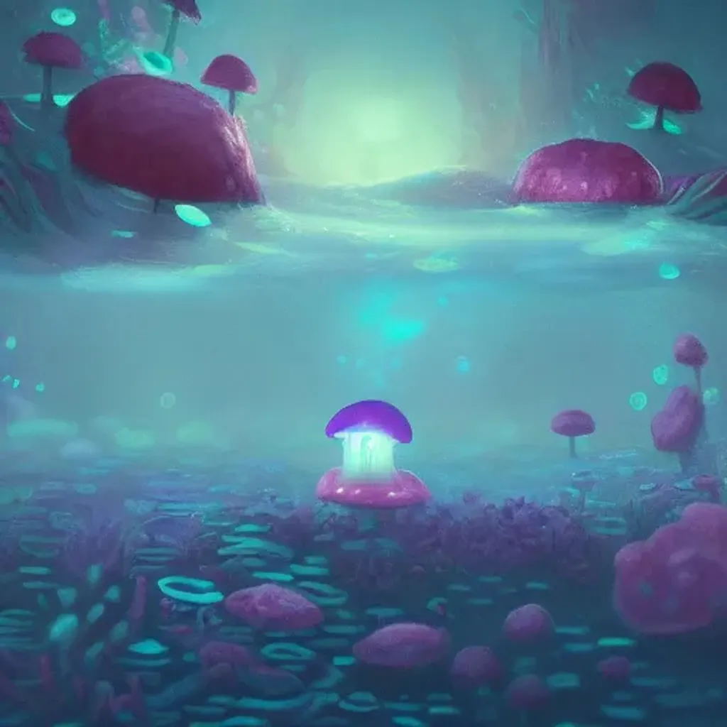 Prompt: Oil painting of a bioluminescent tiny cute fungi in an underwater fantasy landscape by Alejandro Bursido
