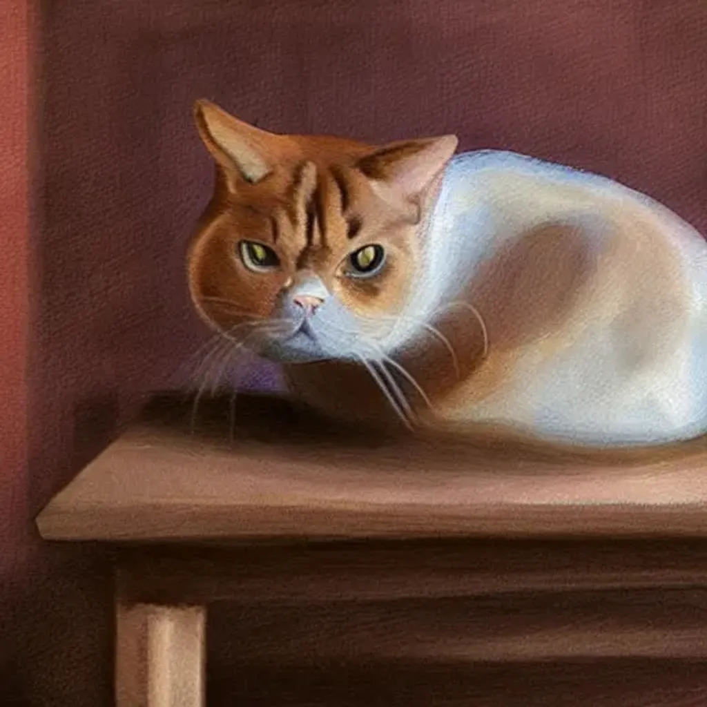 Prompt: a very very fat cat sitting on a table, realistic