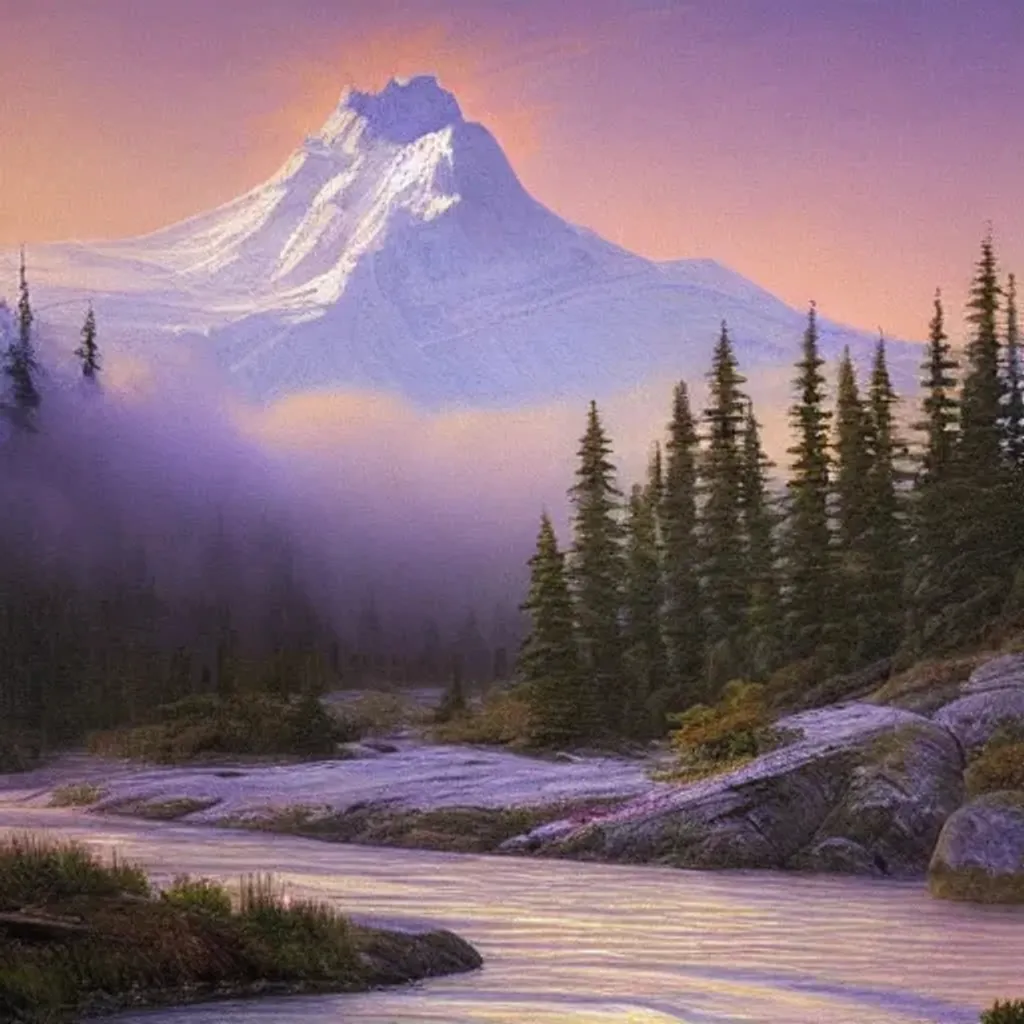 Prompt: An epic landscape painting of the Rocky Mountain’s in Canada, calmer with snow on its peak, at sunrise in spring time, with a small river and lake in the foreground, painted by Michael, O’Toole, atmospheric, volumetric, lighting, rolling fog, breathtaking, highly detailed