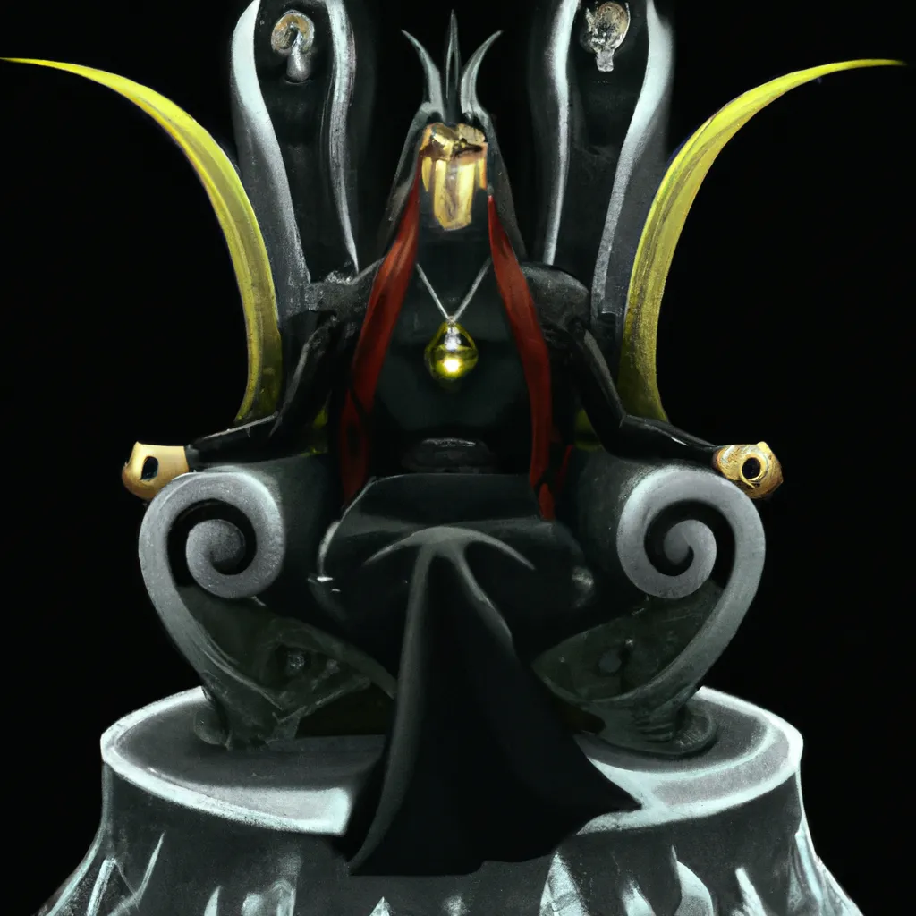 Prompt: melkor sitting on his throne of black diamond and the three silmarils in his black crown