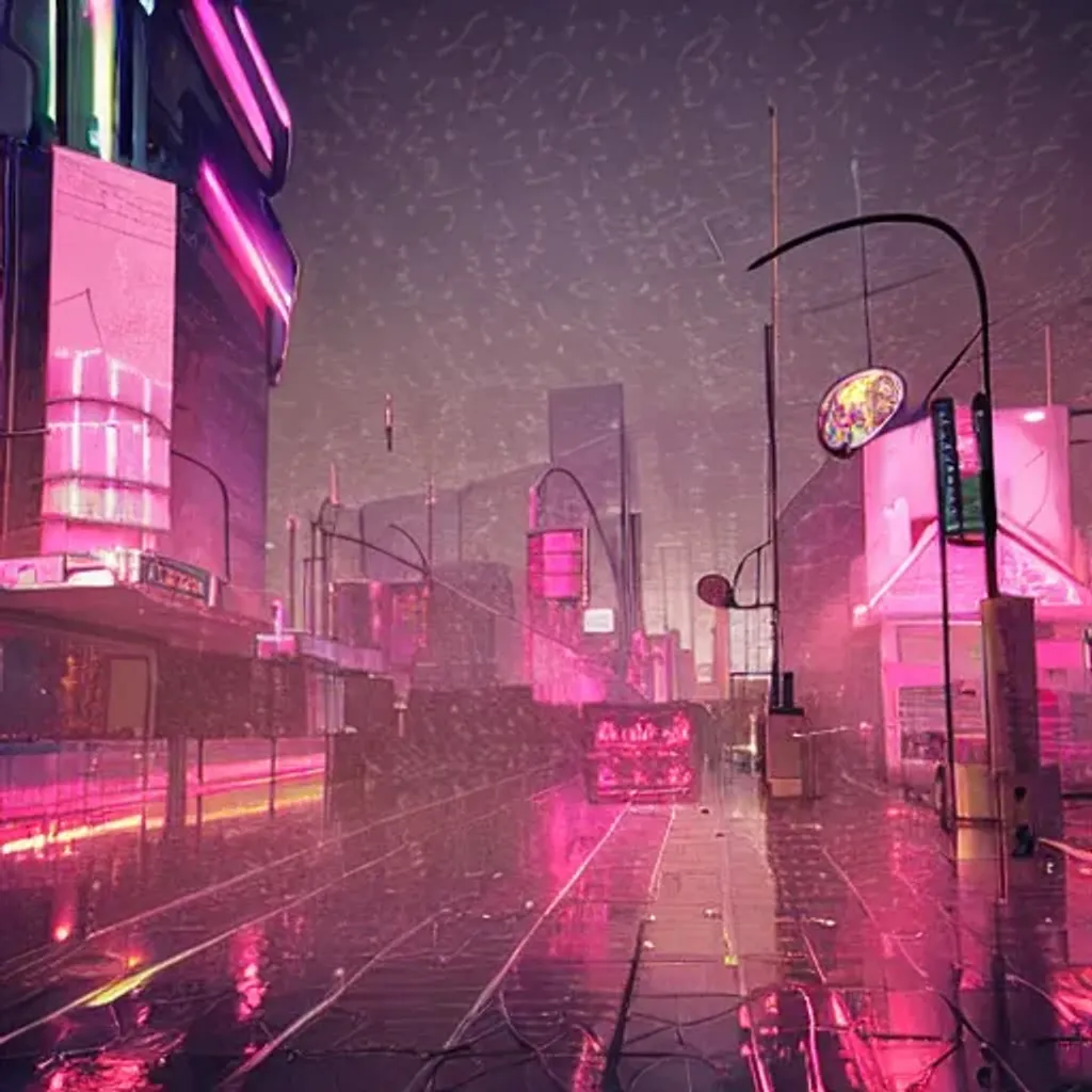 Prompt: Abstract cyberpunk city, pink style, at night, rainy, streetlamp, 8k, trending on artstation