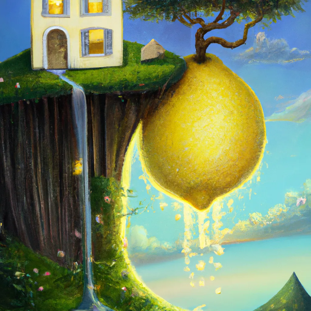 Prompt: An expressive surrealism oil painting of a lemon house on the edge of a hill with a lemonade waterfall in space. By Tim Burton, Anna Dittmann and Elsa Beskow.