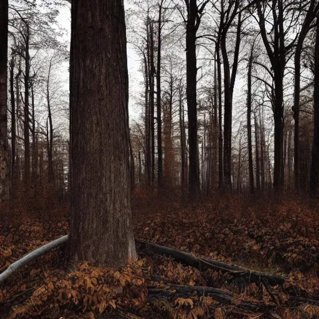 Prompt: dead trees in autumn forest at night, liminal space