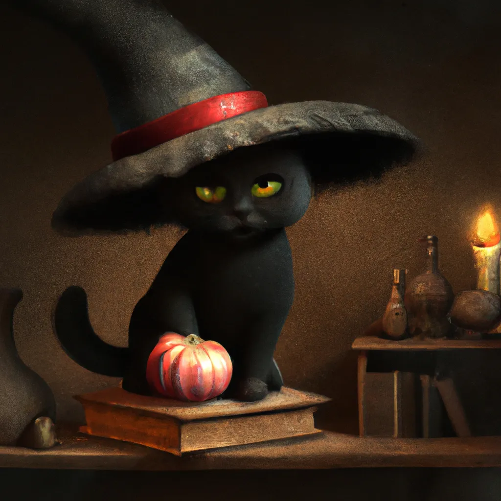 Prompt: Halloween theme. Cute black cat wearing a Halloween witch hat precious moments figurine , digital art, perfect composition, beautiful detailed intricate insanely detailed octane render trending on artstation, 8 k artistic photography, photorealistic concept art, soft natural volumetric cinematic perfect light, chiaroscuro, award winning photograph, masterpiece, oil on canvas, raphael, caravaggio, beeple, beksinski, giger.