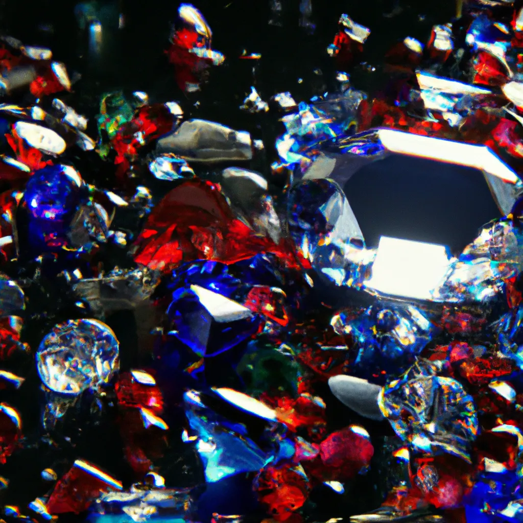 Prompt: A worn defective video freeze frame from a David Lynch movie of multiple glistening uncut diamonds, sapphires and rubies strewn on a glossy black floor, showing caustics and specular highlights, showing chromatic aberrations, realistic shadows, created in Cinema 4D, photorealistic, high contract, highly detailed, ambient occlusion, ray-tracing, volumetric light, subsurface scattering, trending on Artstation, octane render, studio photograph, three-point lighting