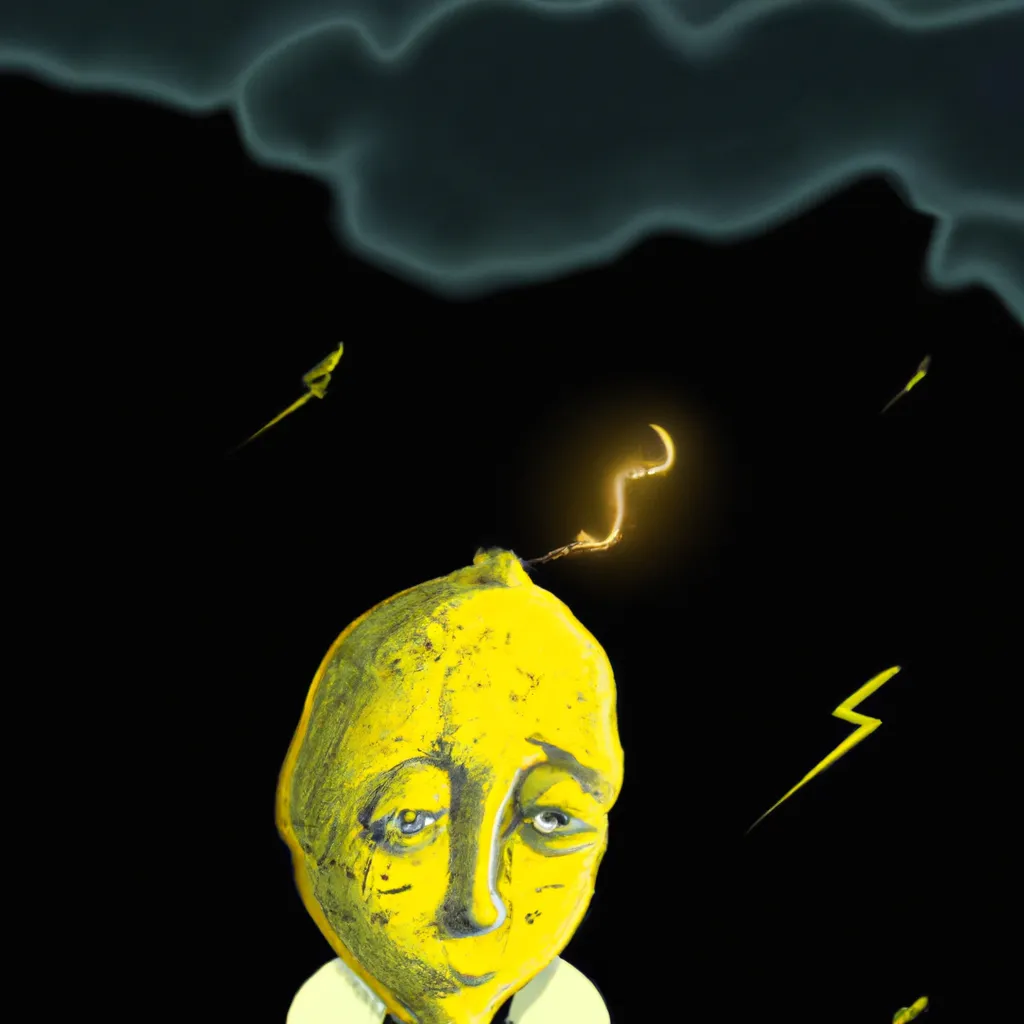 Prompt: the most enigmatic lemon person ever, 8k, intricate, very detailed, darkness, lightnings from the dark sky behind him