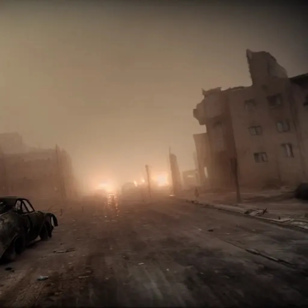 Prompt: destroyed city with a lonely man crawling on a broken bridge, destroyed houses covered in plants, very foggy, burning cars, sand storm, mad max, bloodbone, dark souls, sun set, highly detailed